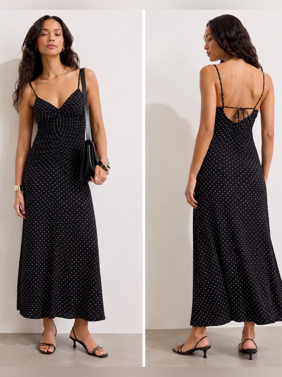 Madewell Dresses & Skirts - Madewell Ruched High-Low Polka Dot Midi Dress Size 2 Black White V-Neck